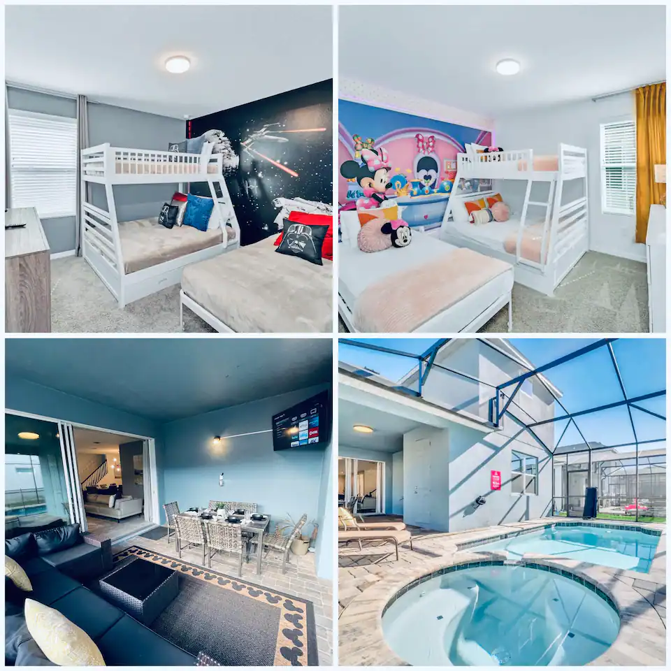 A collage of four photos of a house with different rooms and swimming pool